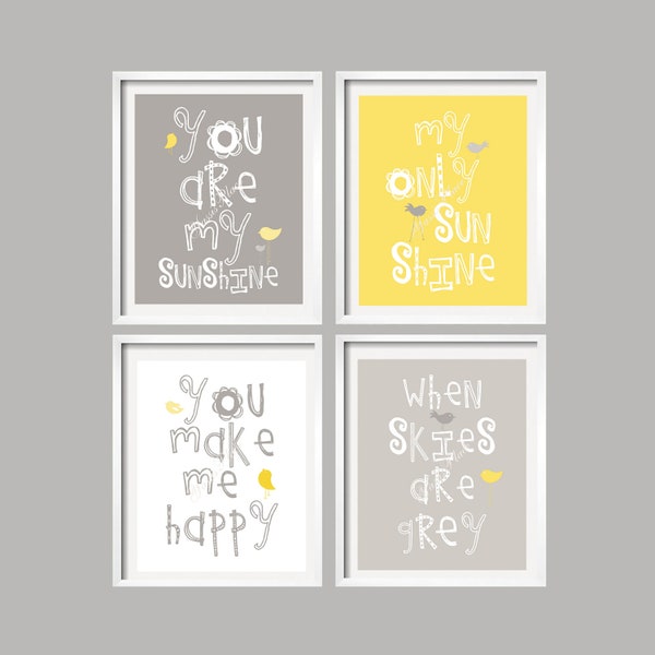 Kids Wall Art, You Are My Sunshine Yellow and Gray Art Prints, 4 prints 5x7 nursery art, baby shower gift, GBS-010