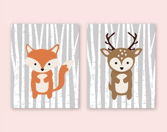 Imágenes de vivero de animales Conjunto de 2 impresiones o lienzo, Fox Deer Girl Nursery Decor Woodland Creatures Birch Forest Friends Baby Room Pictures