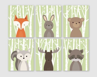 Baby Boy Nursery Art, Woodland Nursery Prints, Woodland Nursery Decor, Boy Bedroom Art, Set of 6 Fox Rabbit Bear Squirrel Moose Raccoon