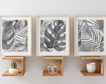 Gray Monstera Leaf Print Set of 3, Banana Leaf Tropical Bedroom Bathroom Wall Art Decor, Monochrome Watercolor Ferns CANVAS or PAPER PRINTS