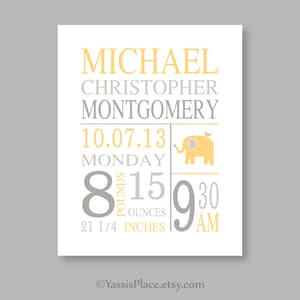 Birth Stat PRINT or CANVAS, Baby Name Wall Art, Yellow Gray Elephant nursery decor, boy girl subway art Birth announcement personalized gift