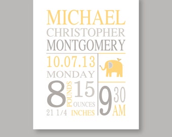 Birth Stat PRINT or CANVAS, Baby Name Wall Art, Yellow Gray Elephant nursery decor, boy girl subway art Birth announcement personalized gift