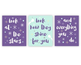 Baby Girl Nursery Decor, Purple Teal Aqua Moon and Stars Decor Quotes, Prints or Canvas, Look at the stars Wall Art Gifts for Girls Set of 3