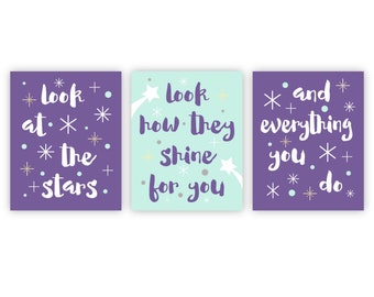 Moon and Stars Nursery Decor Prints, Purple Teal Aqua, Set of 3 (Prints or Canvas)