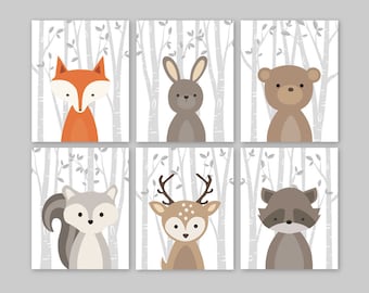 Fox Animal Wall Art Nursery Decor Woodland Forest Animals Baby Woodland Decor bunny rabbit deer bear squirrel Set of 6 PRINTS or CANVAS