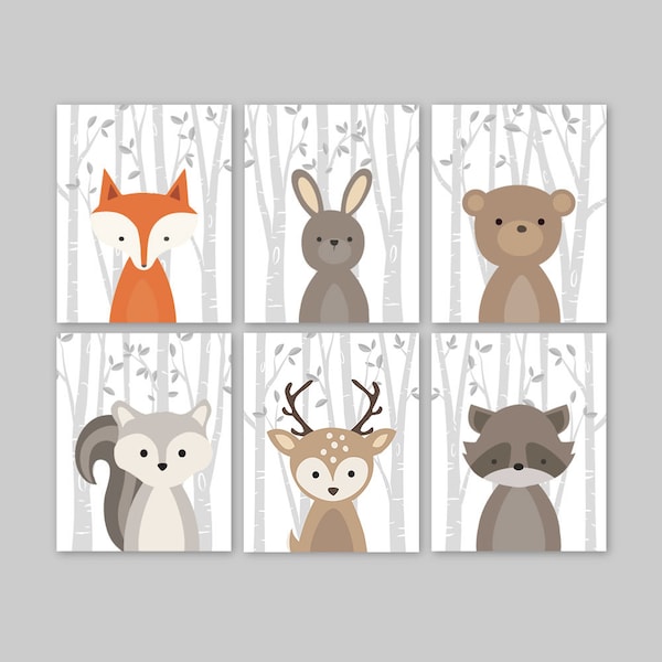 Fox Animal Wall Art Nursery Decor Woodland Forest Animals Baby Woodland Decor bunny rabbit deer bear squirrel Set of 6 PRINTS or CANVAS