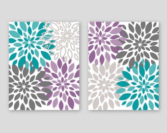 Floral Burst Wall Art, Turquoise, Purple, Gray, Set of 2 (Prints or Canvas)
