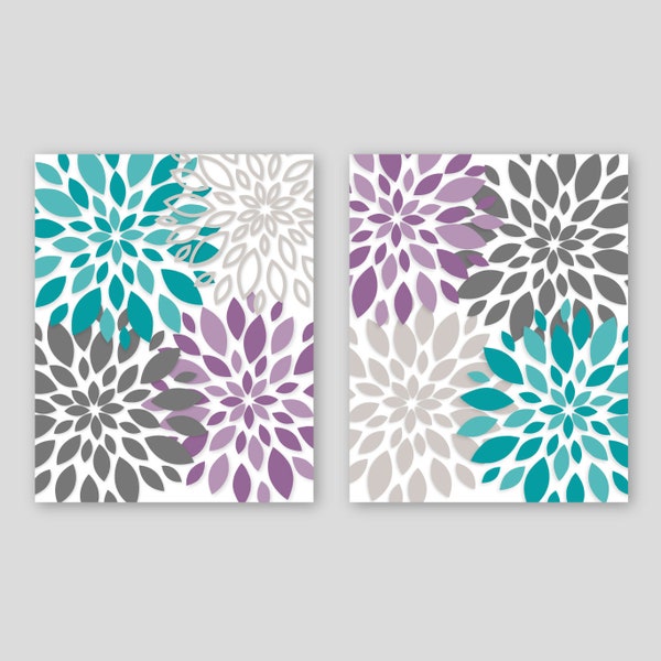Floral Wall Decor, Turquoise Purple Gray Flower Burst, Flower Wall Art, Bathroom Wall decor, Guest Bedroom Prints, New Home Gift
