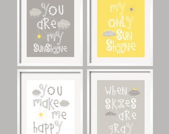 Yellow Gray Wall Art, You are my Sunshine Nursery Wall Decor, Sun Clouds Nursery Artwork, Gender Neutral Gift PRINTS or CANVAS Set of 4