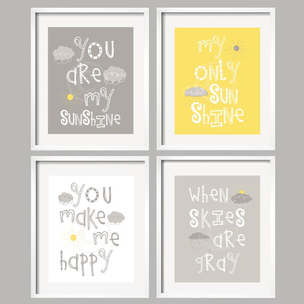 Yellow Gray Wall Art, You are my Sunshine Nursery Wall Decor, Sun Clouds Nursery Artwork, Gender Neutral Gift PRINTS or CANVAS Set of 4