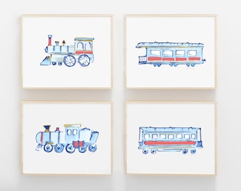 TRAINS Wall Art, Set of 4 Locomotive Prints, DIGITAL DOWNLOAD Printable, Boy Nursery Decor Baby Shower Gift, Digital Illustration 16x20 in