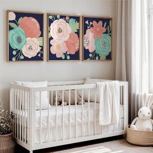 Navy Coral Aqua Large Flower Wall Decor, Pink Floral Nursery Prints or Canvas, Girl Floral Nursery Wall Art, Kids Room Botanical Set of 3 image 1