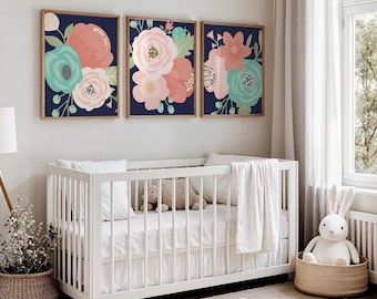 Navy Coral Aqua Large Flower Wall Decor, Pink Floral Nursery Prints or Canvas, Girl Floral Nursery Wall Art, Kids Room Botanical Set of 3