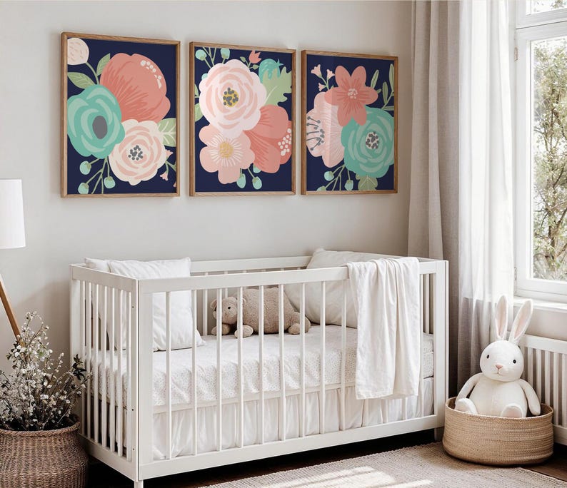 Navy Coral Aqua Large Flower Wall Decor, Pink Floral Nursery Prints or Canvas, Girl Floral Nursery Wall Art, Kids Room Botanical Set of 3 image 1