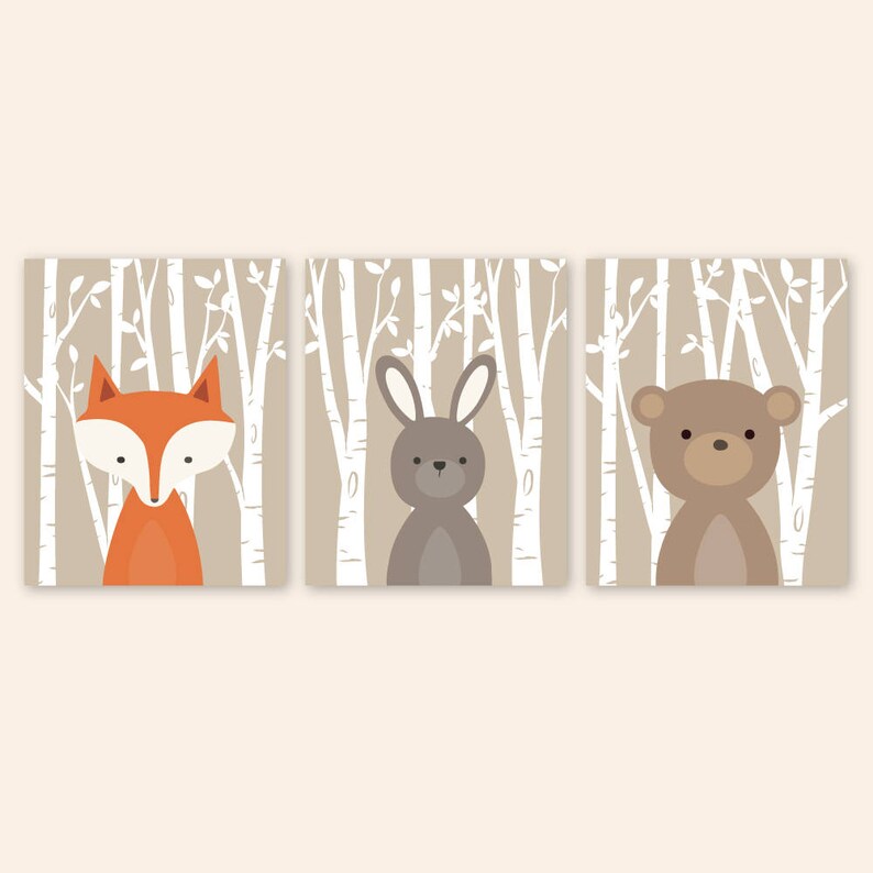 May include: Three printable nursery art prints featuring a fox, rabbit, and bear in a birch tree forest. The prints are in a minimalist style with a light brown background and white birch trees.