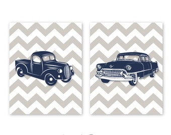 Retro Cars Wall Art, Baby Boy Nursery Decor, Prints or CANVAS, Toddler Boy Bedroom Decor, Vintage Truck Nursery Decoration Navy Gray Chevron