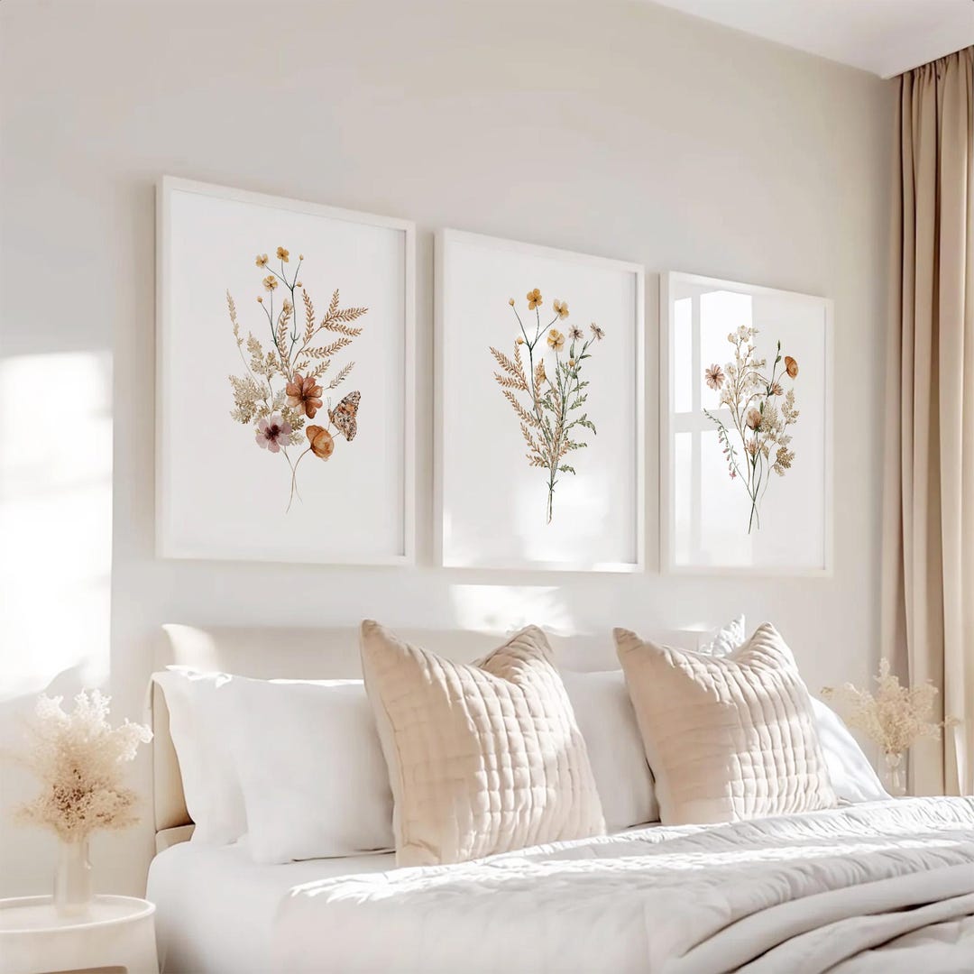 Neutral Botanical Wall Art Prints Set of 3, Beige Floral Bedroom Decor ...