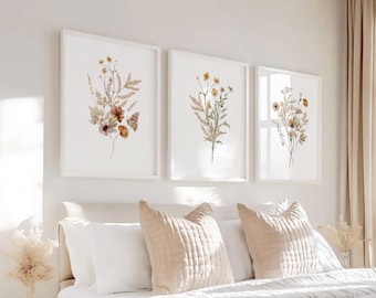 Neutral Botanical Wall Art Prints Set of 3, Beige Floral Bedroom Decor, Minimalist Botanical Poster, Modern Boho Prints or Canvas, No Frames