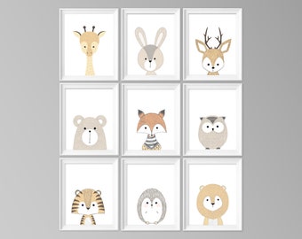 Animal prints for nursery, Animal nursery decor, printable nursery pictures, Scandi Neutral Nursery, Animal Wall Art Illustrations, Set of 9