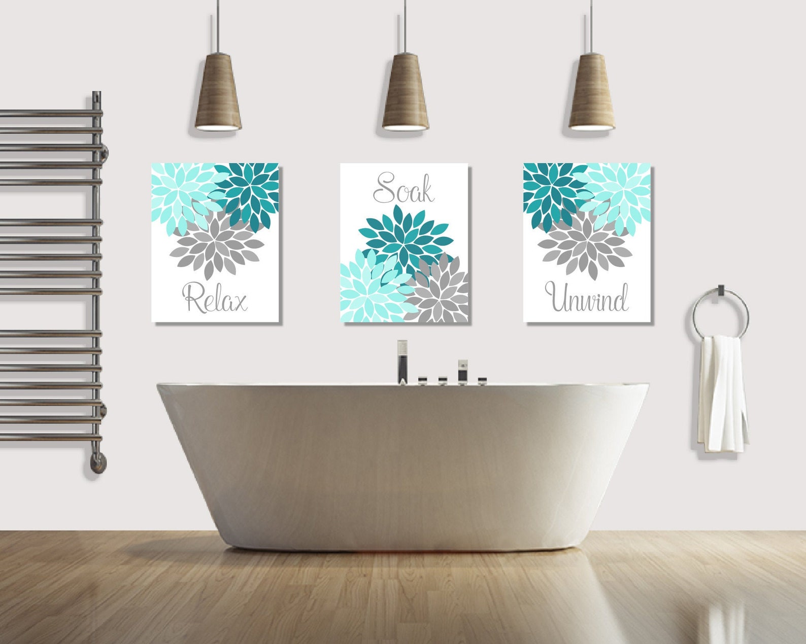 Relax Soak Unwind Bathroom Wall Art Prints or Canvas, Aqua Gray Teal ...