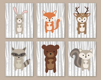 Woodland Nursery Decor Boy or Girl Woodland Forest Friends Wall Art Woodland Animals Bedrooom Theme Baby Gift Canvas or Prints Set of 6