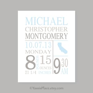 Puede incluir: Una impresi&oacute;n de anuncio de nacimiento azul y gris con el nombre Michael Christopher Montgomery, la fecha 10.07.13, el d&iacute;a de la semana lunes, la hora 9:30 AM, el peso 8 libras 15 onzas y la longitud 21 1/4 pulgadas.