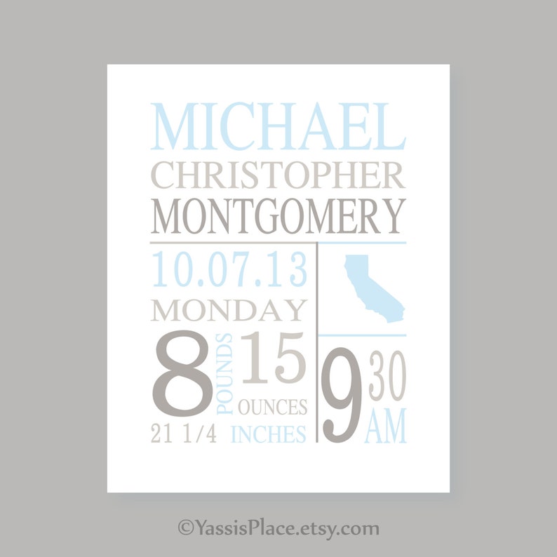 Puede incluir: Una impresi&oacute;n de anuncio de nacimiento azul y gris con el nombre Michael Christopher Montgomery, la fecha 10.07.13, el d&iacute;a de la semana lunes, la hora 9:30 AM, el peso 8 libras 15 onzas y la longitud 21 1/4 pulgadas.