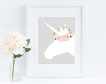 Unicorn Print with floral crown, Unicorn Sign, Baby Shower Table Sign, Pink Nursery Decor, Unicorn Head, Baby Girl Birthday Gift Download