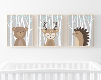Woodland Nursery Art Prints, Forest Animals Decor, Gray Mint (Prints or Canvas)