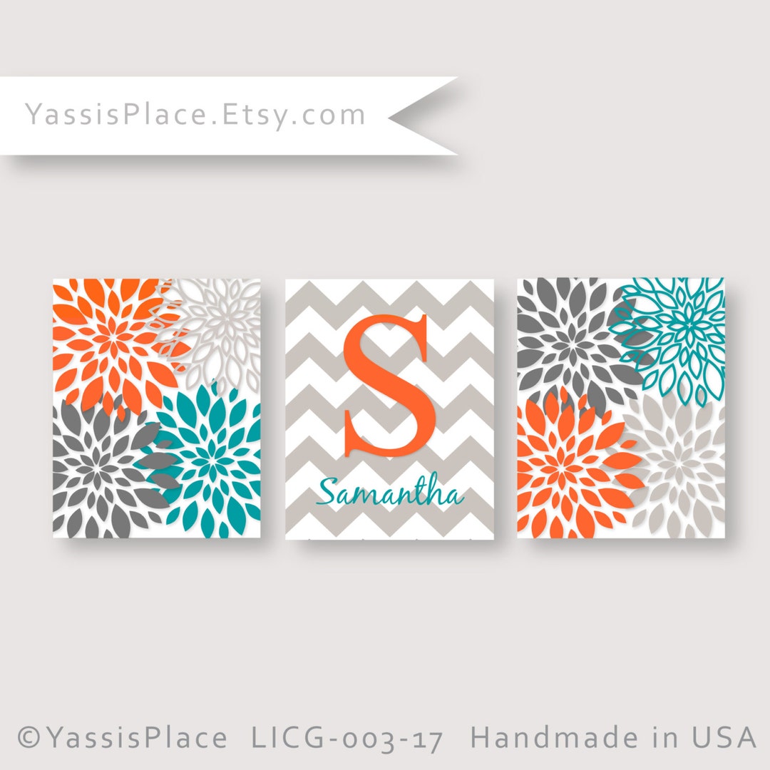 Baby Girl Turquoise Orange Gray Flower Burst Floral Wall Art Nursery ...