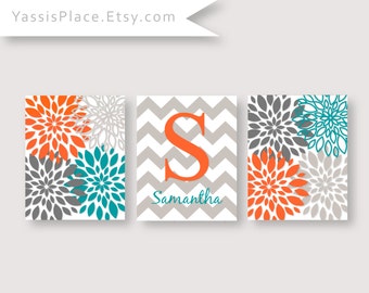 Baby Girl Turquoise Orange Gray Flower Burst Floral Wall Art Nursery Artwork Chevron Monogram Print set Baby Decor  LICG003