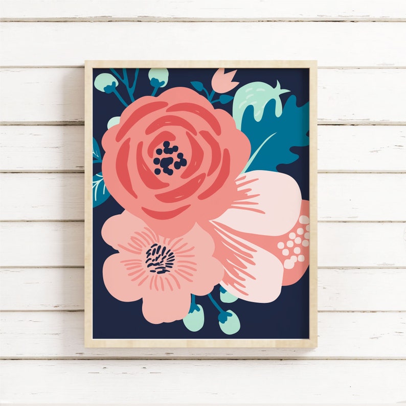 Large Floral Wall Art Coral Navy Pink Aqua Teen Flower Etsy