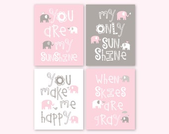 Elephant Wall Art, Pink and Gray Nursery Decor You Are My Sunshine baby shower gift for girl, Set of 4 PRINTS or CANVAS 070