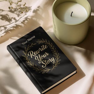 May include: A black book with the text "Rewrite Your Story" in gold script, surrounded by a gold laurel wreath design. A green candle sits next to the book. The words "Your Name" are above the title.