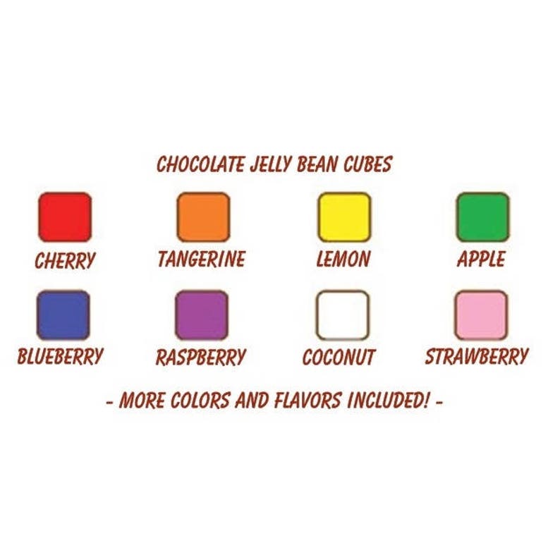 Puede incluir: Cubos de gominolas de chocolate en varios colores y sabores, incluyendo cereza, mandarina, lim&oacute;n, manzana, ar&aacute;ndano, frambuesa, coco y fresa.  "CHOCOLATE JELLY BEAN CUBES" y "MORE COLORS AND FLAVORS INCLUDED!" est&aacute;n escritos en texto marr&oacute;n.