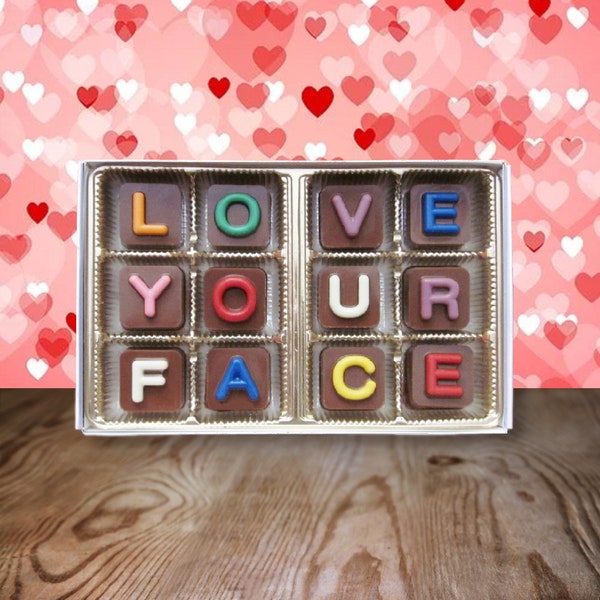 photo of a funny valentines gift idea of custom chocolates 