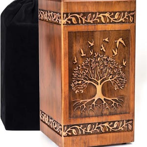 Handmade Wooden Cremation Urn Box for Human Ashes – Tree of Life Engraved Memorial Urn for Adults – Funeral Casket for Men & Women