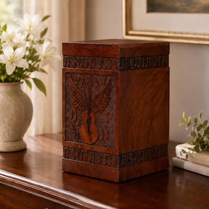 Music Memorial Urn Box, Handcrafted Wooden Guitar Wings Cremation Ash Holder, Rustic Keepsake Sympathy Gift