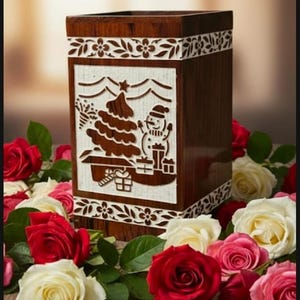 Christmas Carved Wooden Urn – Snowman & Tree Memorial Keepsake Box