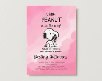May include: Pink baby shower invitation featuring a Snoopy cartoon character with the text "A little PEANUT is on the way!". The invitation includes details for a baby shower honoring Destiny Gutierrez.