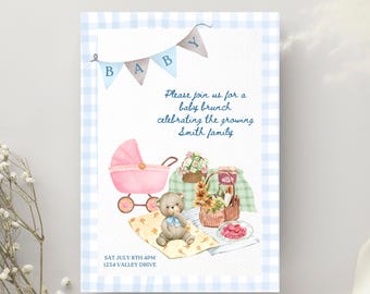 Teddy Bear Picnic Baby Shower Invitation – Blue Gingham (Digital Download)