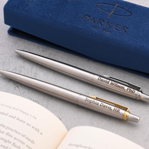 Engraved Parker Jotter Pens (Set of 2) in Gift Box – Personalized Gold Trim & Chrome Silver Trim Pens | Gift for Boss, Teacher, or Colleague