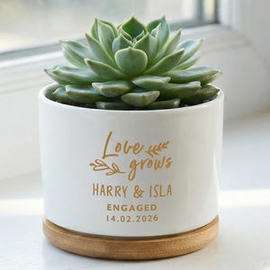 May include: A white ceramic planter with a succulent plant. The planter has gold text that reads "Love grows" and the names "Harry & Isla", with the date "14.02.2026" below, and sits on a wooden base.