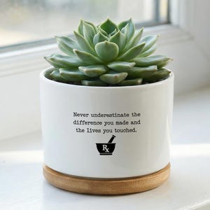 cadeau de retraite pour pharmacien, retraite de technicien en pharmacie, pot de fleur personnalisé, cadeau de départ, cadeau de remerciement, jardinière succulente