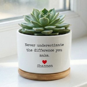 Może przedstawiać: Biała ceramiczna doniczka z sukulentem. Doniczka zawiera napis "Never underestimate the difference you make", czerwone serce i imię "Shannon". Stoi na drewnianej podstawie.