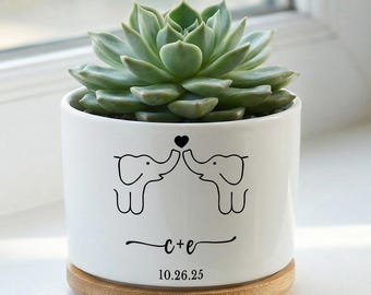 Personalized Elephant Initials Ceramic Planter,Custom Monogram & Date Pot,Couple Gift, Wedding or Engagement Keepsake,Succulent Planter Tray