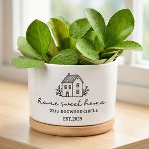 May include: A white ceramic planter with a house illustration and the words "home sweet home" in black script. The planter holds vibrant green leafy plants and sits on a wooden coaster. The text includes the address 2345 DOGWOOD CIRCLE and EST.2025.