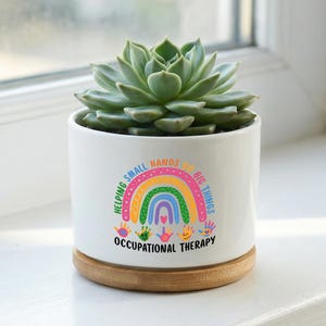 Può includere: Un vaso di ceramica bianco con una pianta succulenta. Il vaso presenta un design arcobaleno con il testo "Helping Small Hands Do Big Things" e "Occupational Therapy". Poggia su una base di legno.