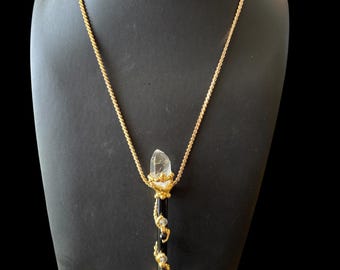 Vintage Crystal Drop Pendant Necklace | Gold Tone Art Deco Style Necklace | Long Statement Crystal Jewelry