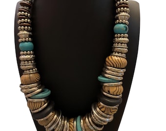 Bold Tribal 18 inches Statement Necklace – Chunky Beaded Boho Jewelry with Turquoise & Silver Accents